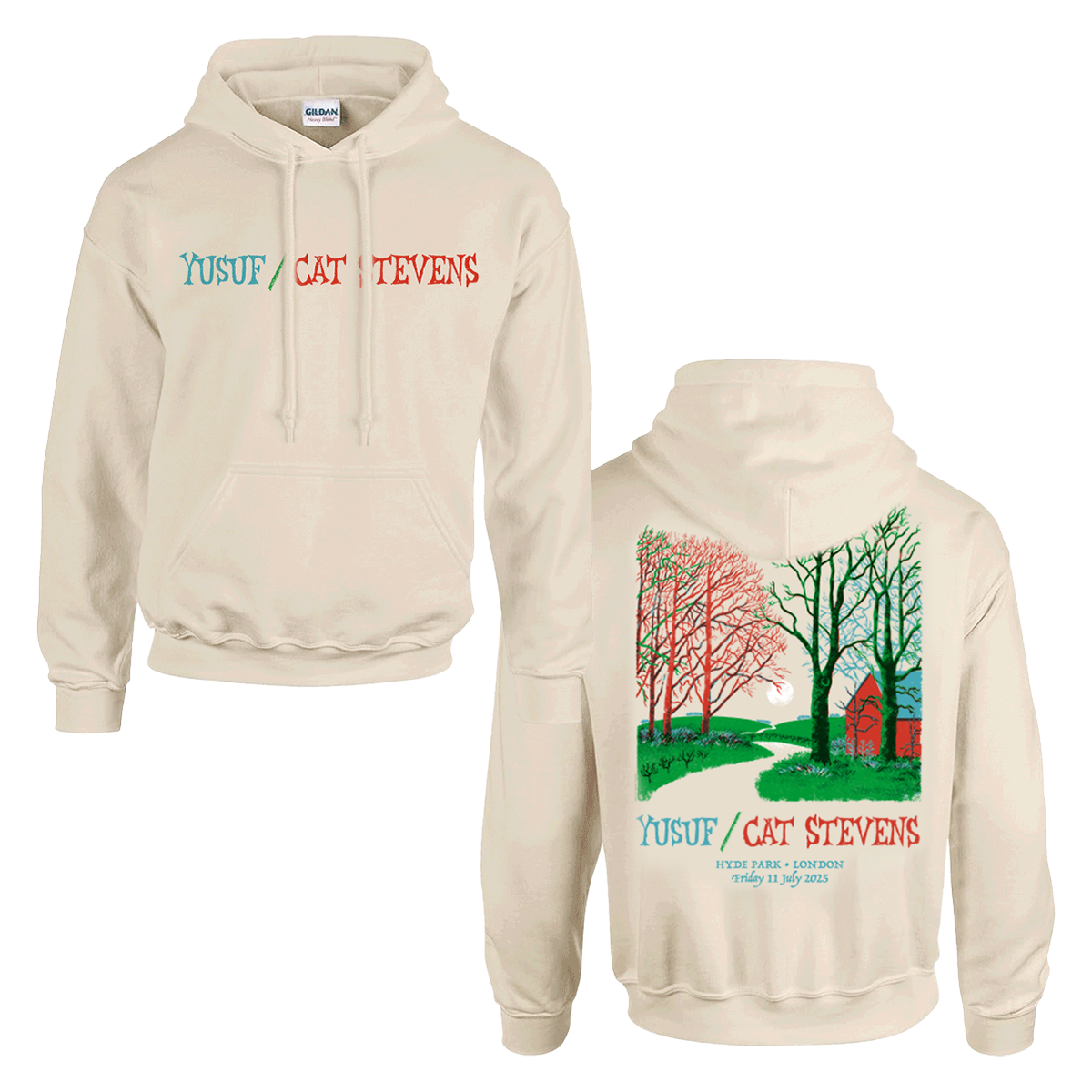 Yusuf Cat Stevens Hyde Park London tan hoodie. Tree pathway art on the back in red blue and green.