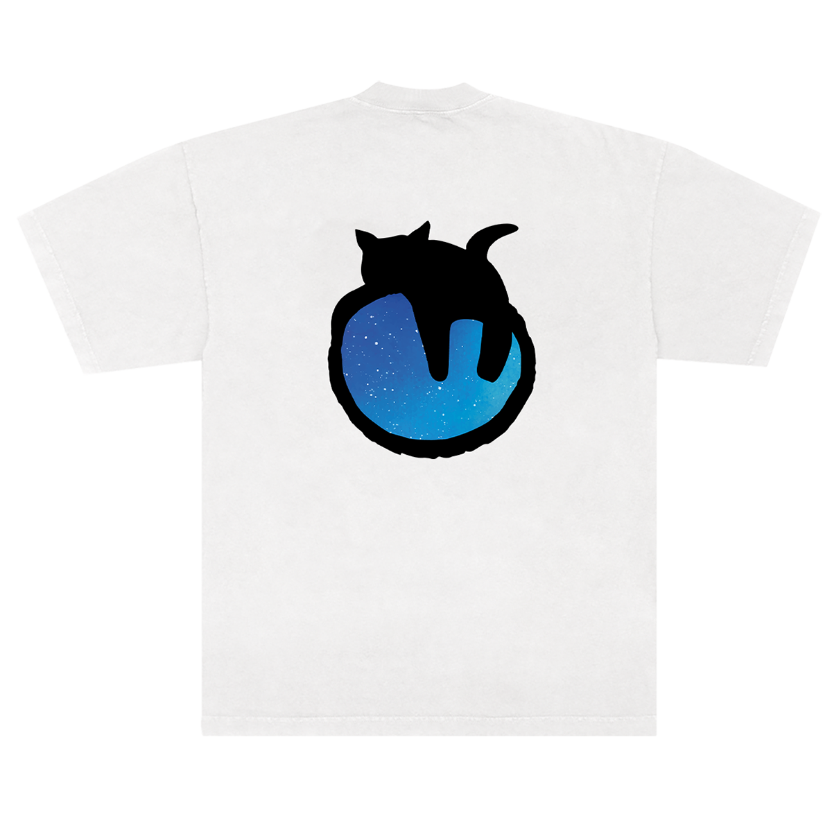 White t-shirt with a black cat design on a blue gradient background