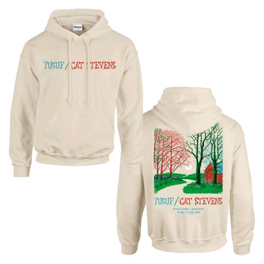 Yusuf Cat Stevens Hyde Park London tan hoodie. Tree pathway art on the back in red blue and green.