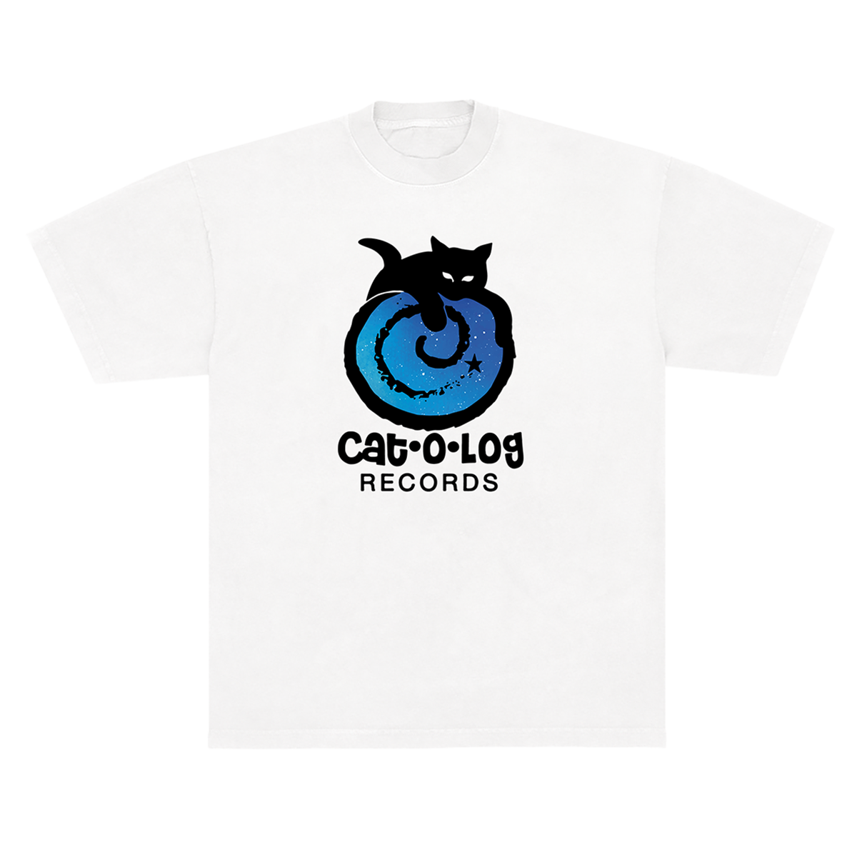 White t-shirt with black cat and blue circle design on a white background