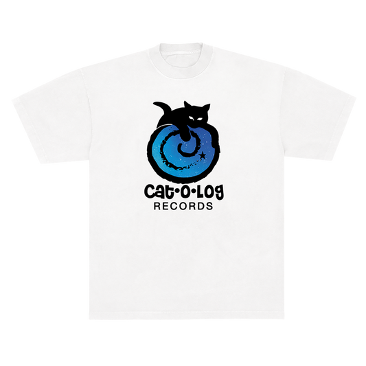 White t-shirt with black cat and blue circle design on a white background